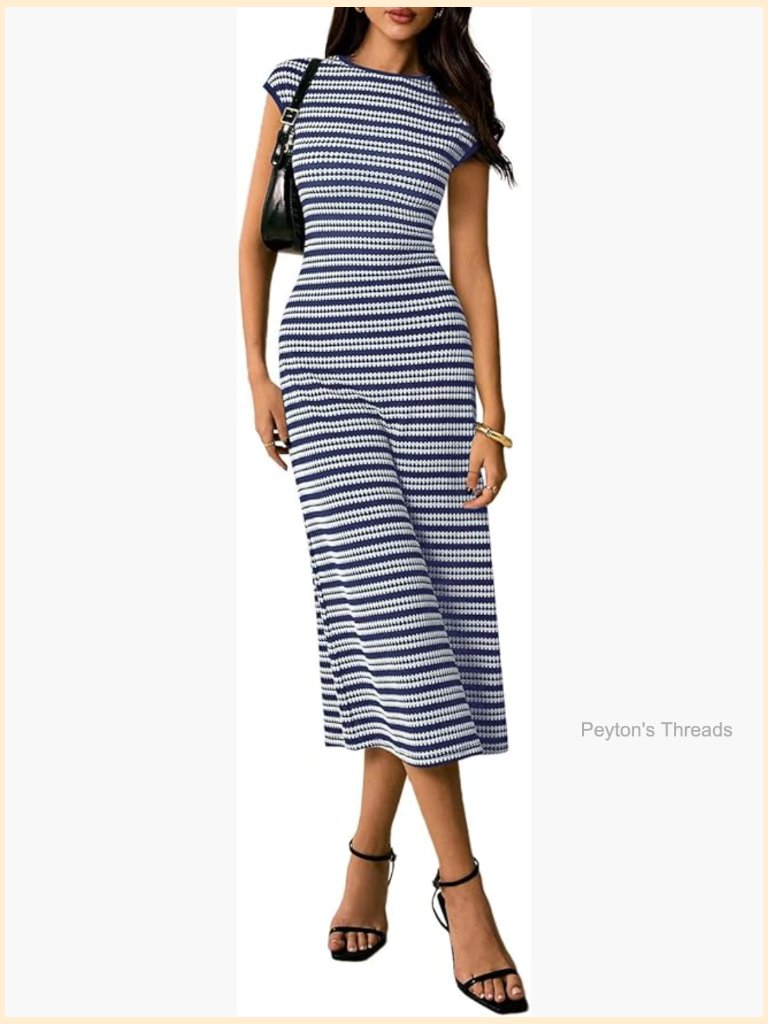 Cap Sleeve Striped Bodycon Midi Dress Casual Party Wedding Guest
